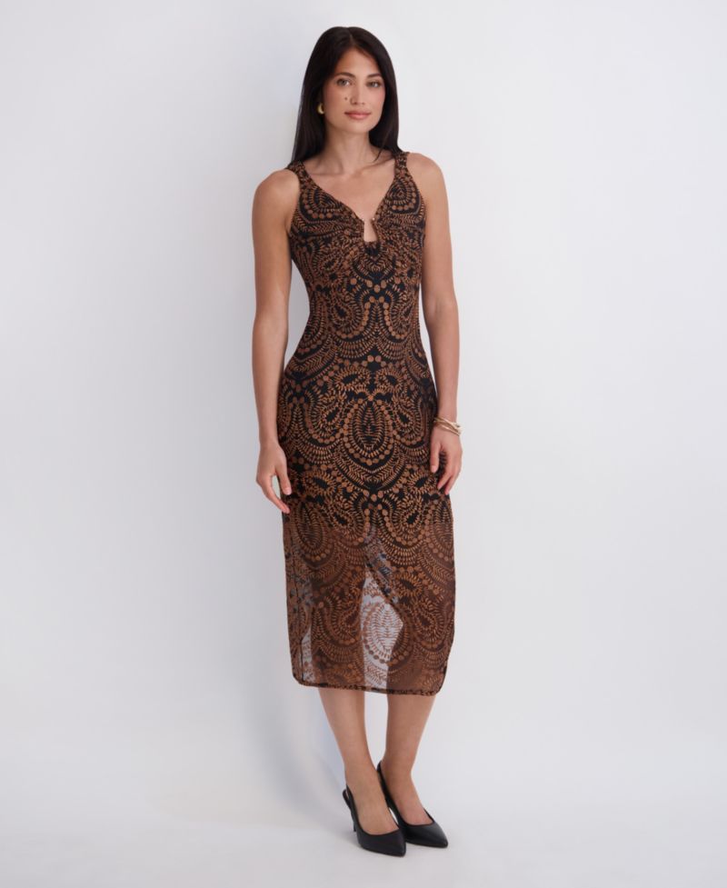 Women's Embroidered Mesh V-Neck Sleeveless Midi Dress