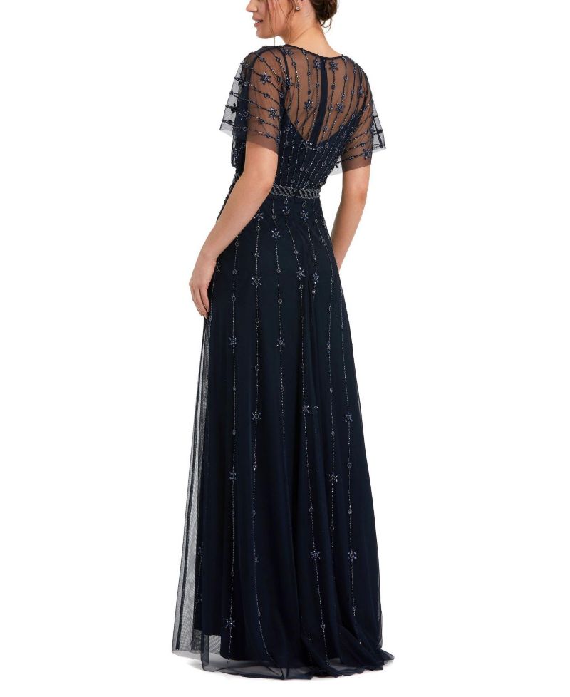 Women's V Neck Embellished Flutter Sleeve A Line Gown