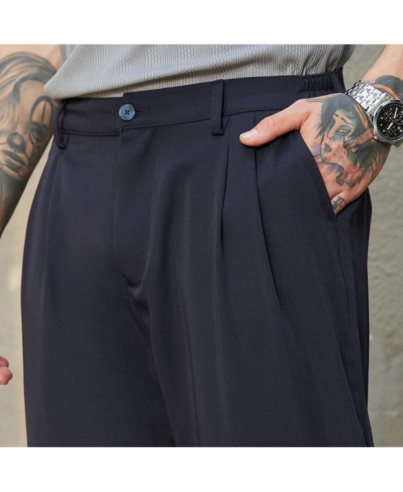 Men's Midnight Black Straight-Cuffed Pleated Trousers