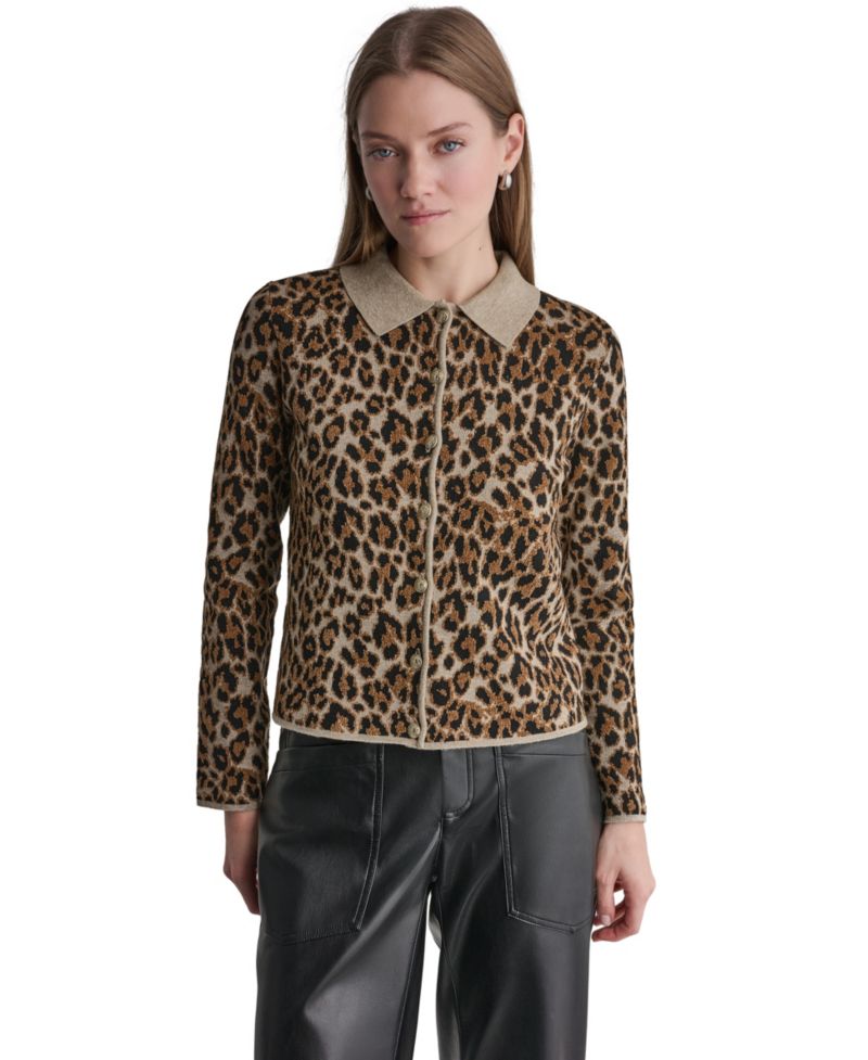 Women's Leopard-Print Button-Front Fitted Cardigan