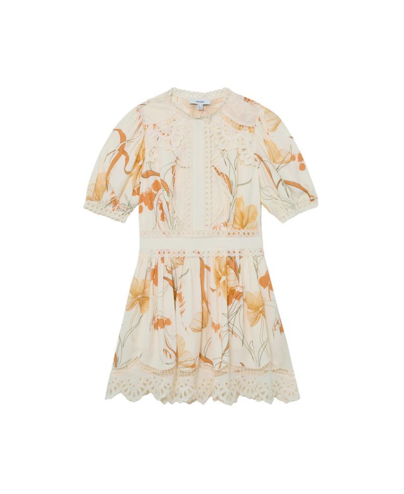 Women's Floral-Print Lace-Trim Mini Dress