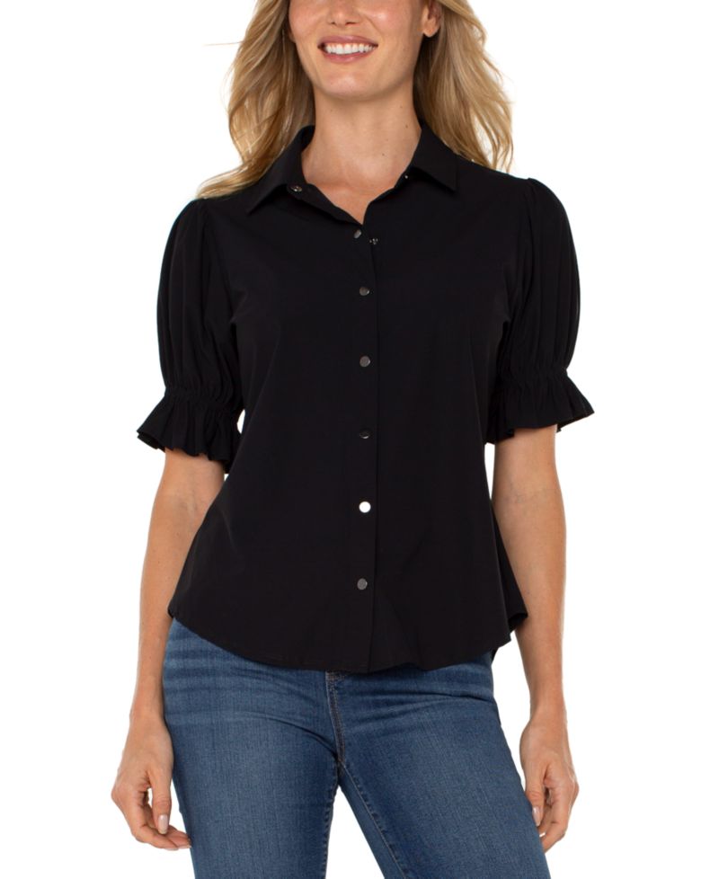 Women's Elbow Puff Sleeve Snap Front Collar Top