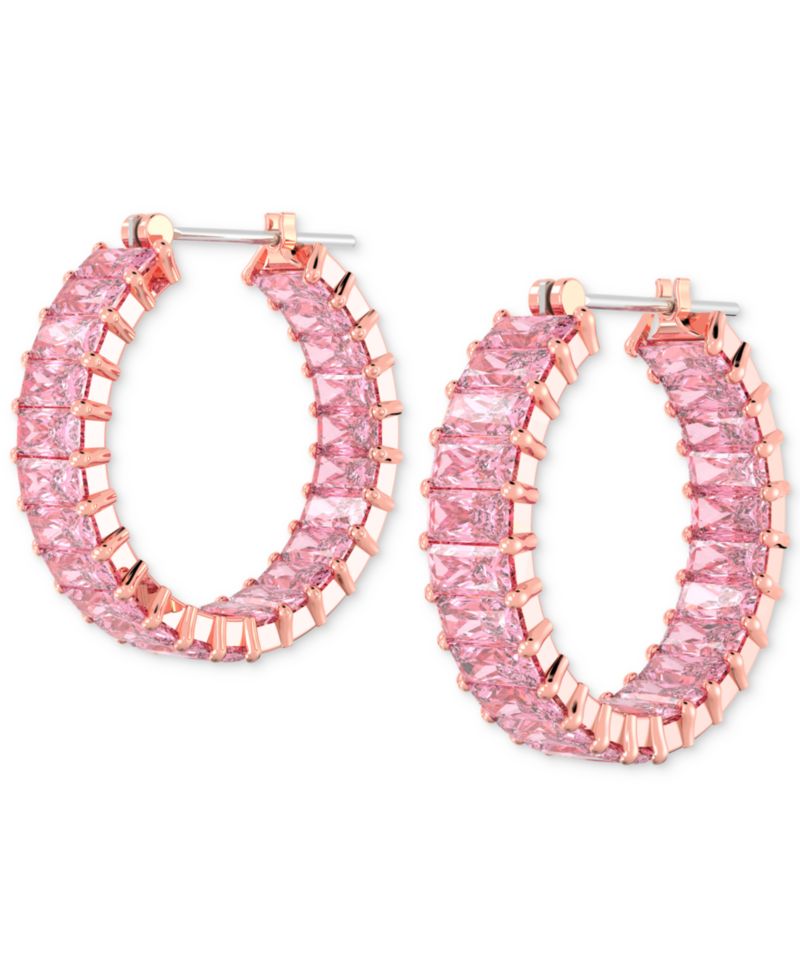 14k Rose Gold-Plated Small Pink Baguette Cubic Zirconia Hoop Earrings, 0.87"
