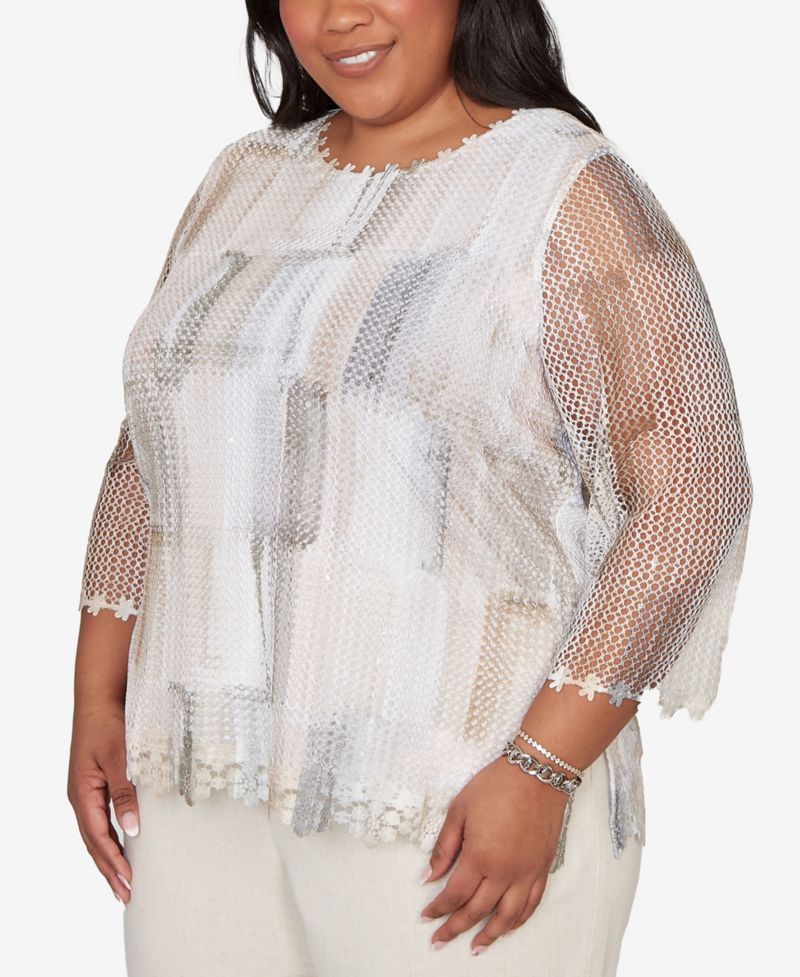 Plus Size Natural Wonder Neutral Brushstrokes Mesh Top
