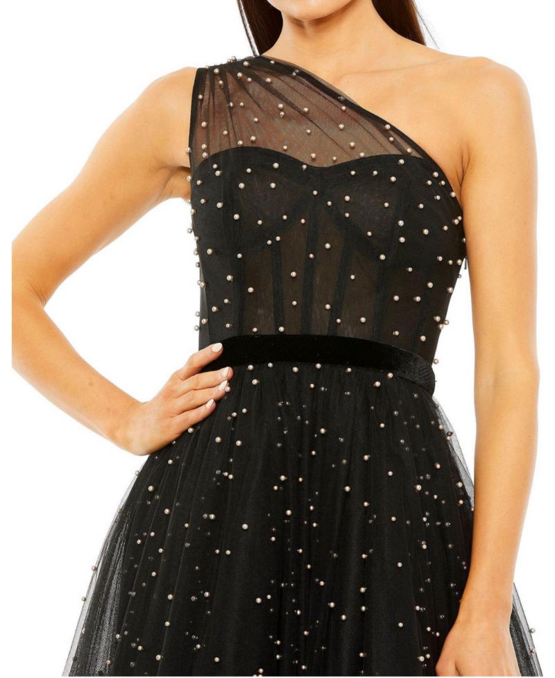 Women's One Shoulder Pearl Beaded Midi Ballgown