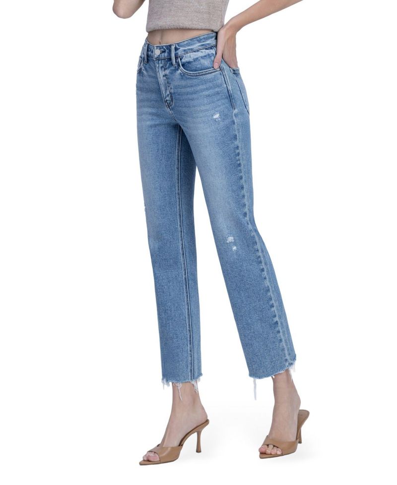 Women's High Rise Distressed Detail Ankle Straight Jeans
