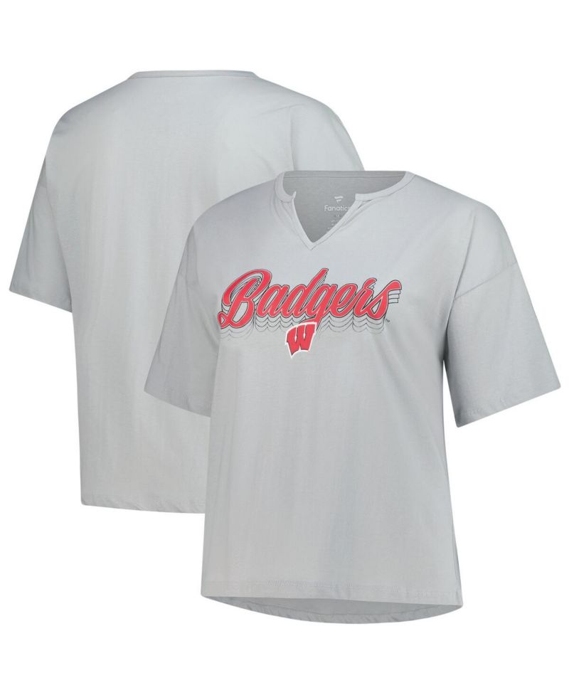 Women's Gray Wisconsin Badgers Plus Size Winning Gear Notch Neck T-Shirt