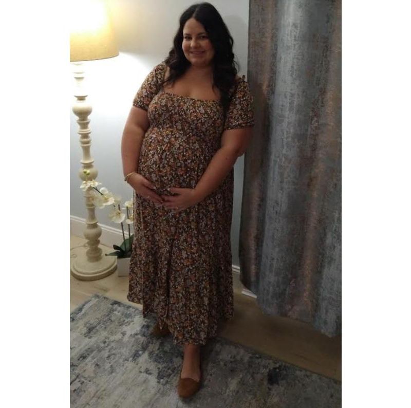 Women's Pink Floral Smocked Puff Sleeve Midi Dress