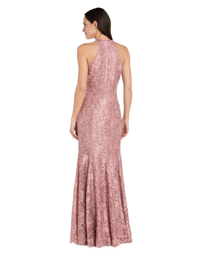 Petite Halter V-Neck Stretch Lace Ball Gown