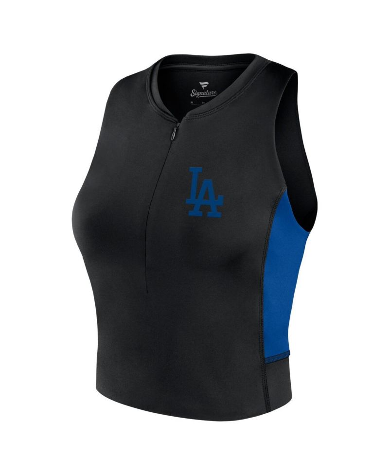 Women's Black Los Angeles Dodgers Studio Half-Zip Fitted Gym Tank Top