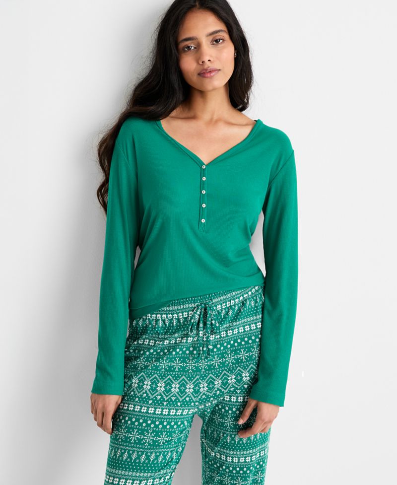 Women's Long-Sleeve Ribbed Henley Sleep Top XS-3X