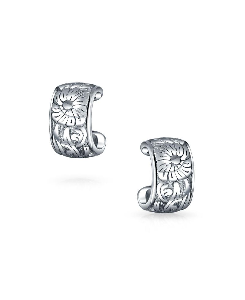 Flower Leaves Cartilage Band Sunflower Ear Cuffs Earrings Sterling Silver