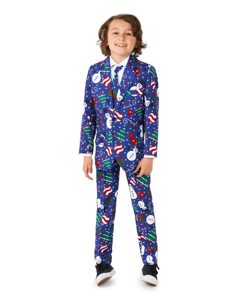 Little Boys Christmas Snowman Button Closure Suit Set Including Blazer, Pants and Clip-On-Tie