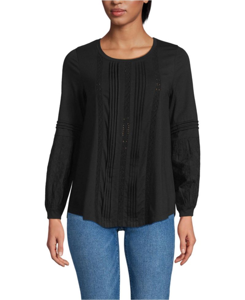Women's Petite Lightweight Jersey Lace Mix Long Sleeve Pintuck Top