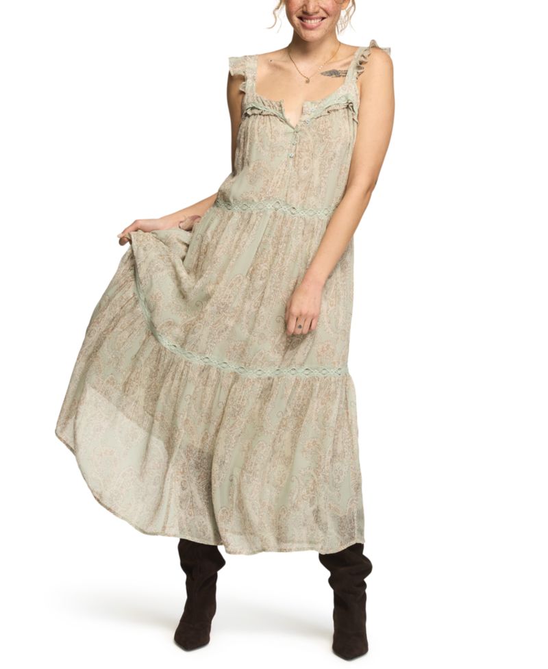 Women's Tiered Henley Maxi Boho Paisley-Print Dress