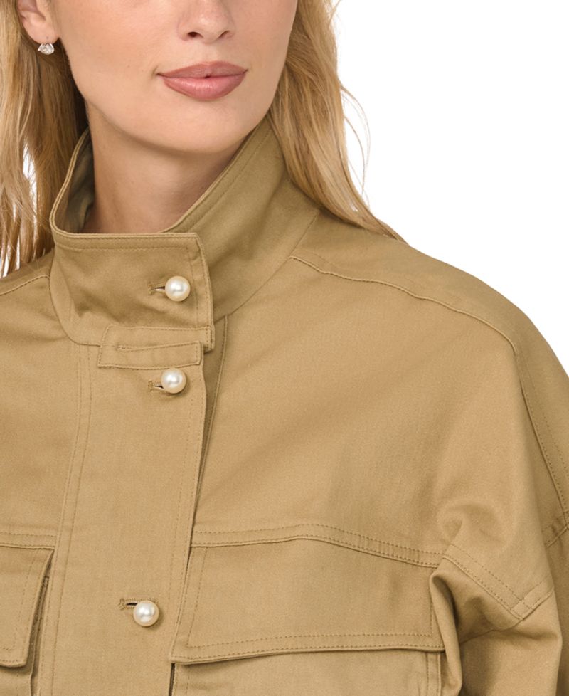 Women's Cargo Style Short Long-Sleeve Jacket with Imitation Pearl Details