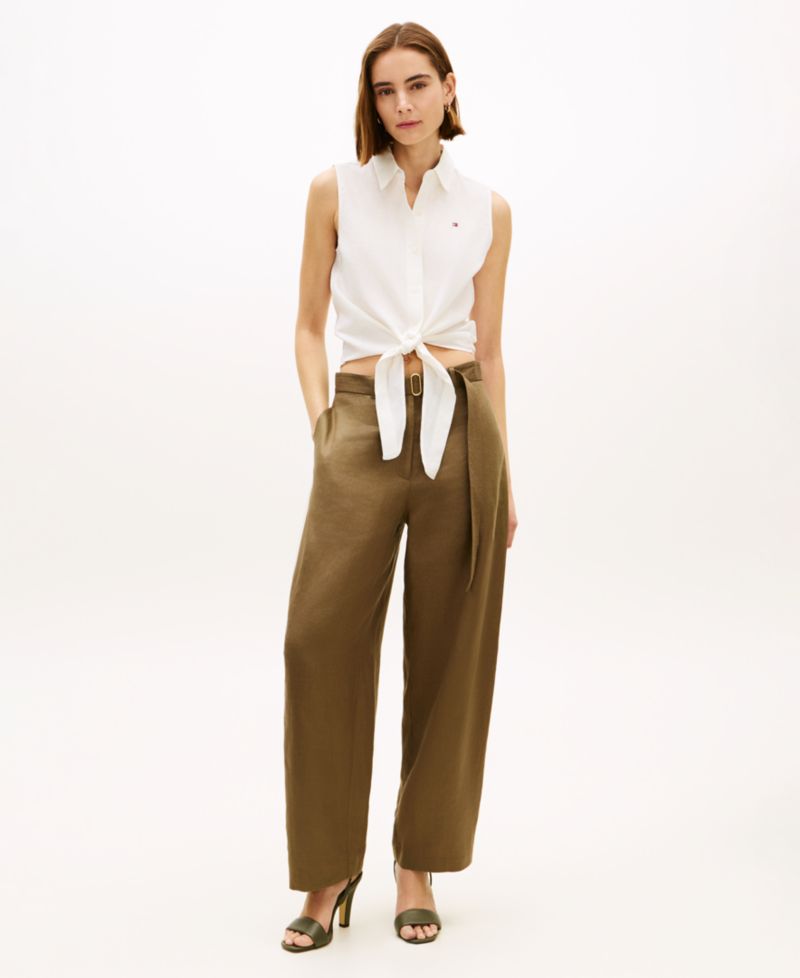 Women's Linen Knotted Collared Top