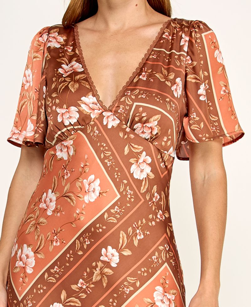 Juniors' Slim-Fit Floral Printed Satin Midi Dress