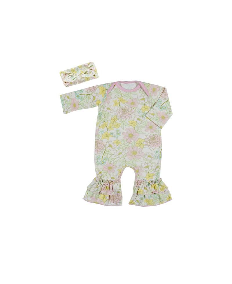 Baby Girls (0 To 18 Months) Ruffle Long Sleeve Romper & Head Wrap Set