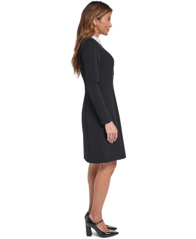 Petite Long-Sleeve Collared Embellished Shift Dress