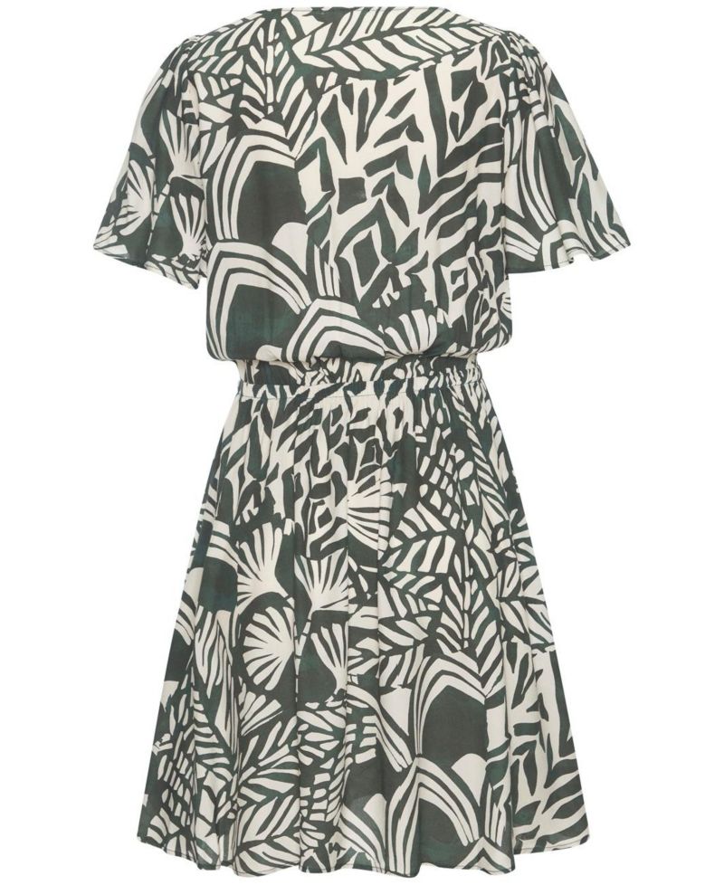 Women's Viscose Printed Flutter-Sleeve Fit-and-Flare V-Neck Short Dress