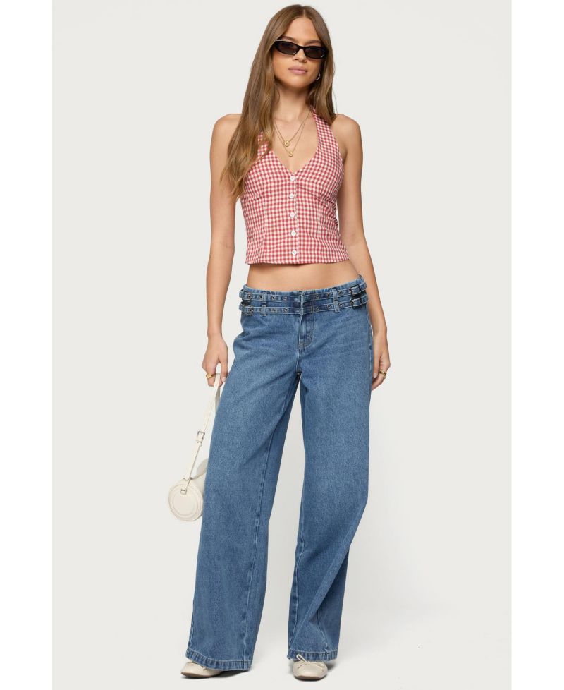 Womens Evan Gingham Button Up Halter Top