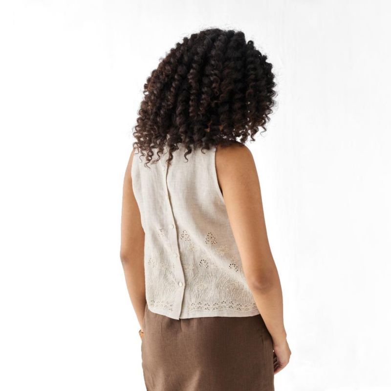 Women's Checkered Linen Embroidered Button-Back Top