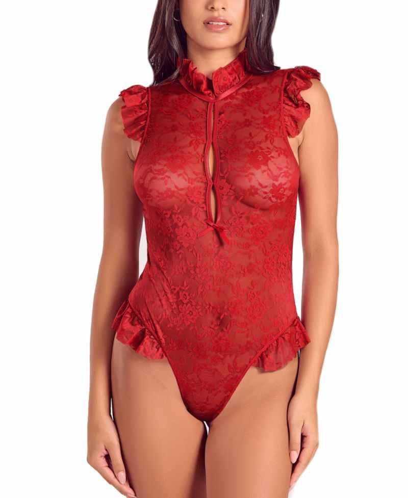 Women's Lace Ruffle Mock Neck Bodysuit Lingerie