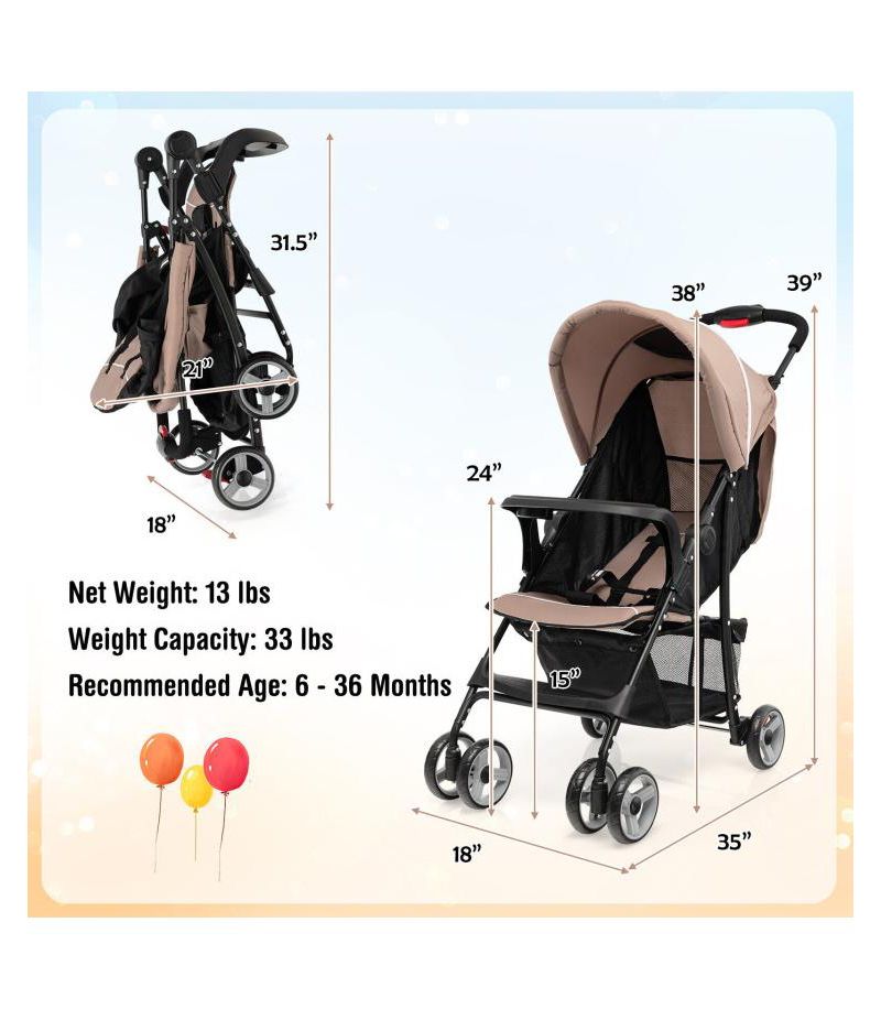 Toddler Travel Stroller for Airplane with Adjustable Backrest and Canopy