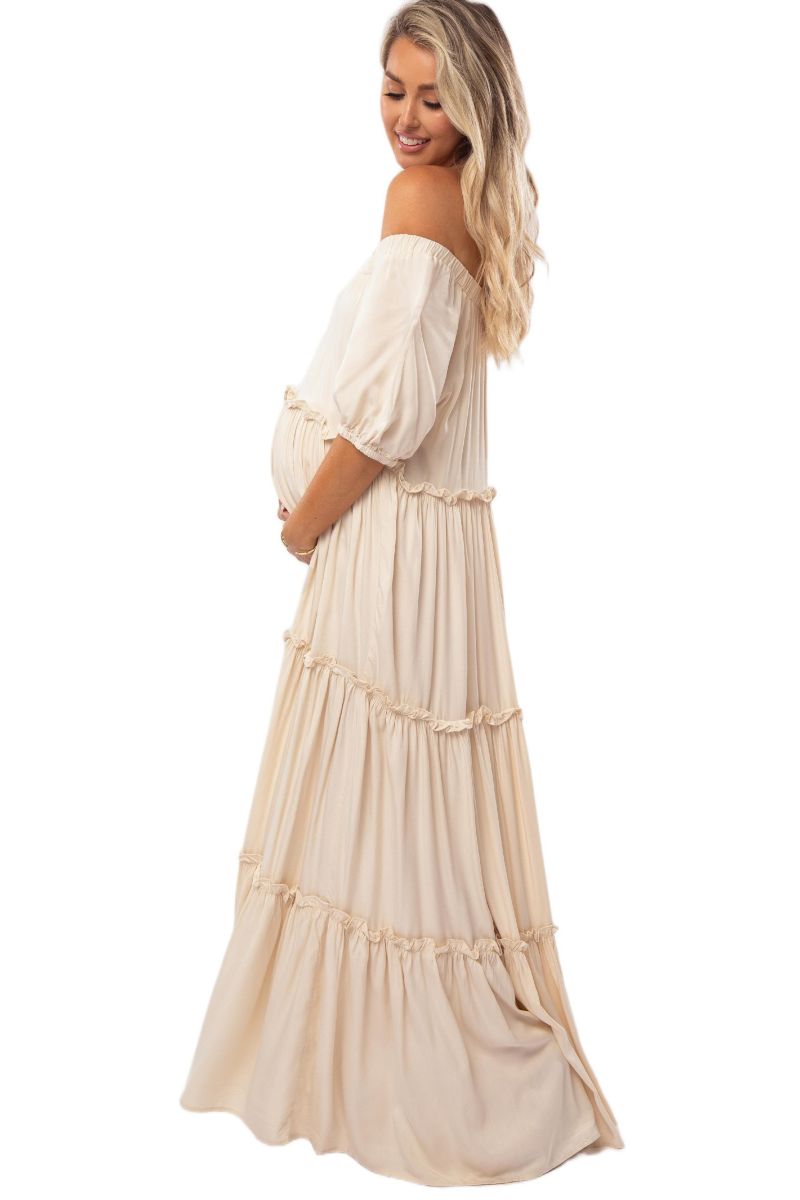 Women's Cream Off Shoulder Ruffle Tiered Maxi Dress
