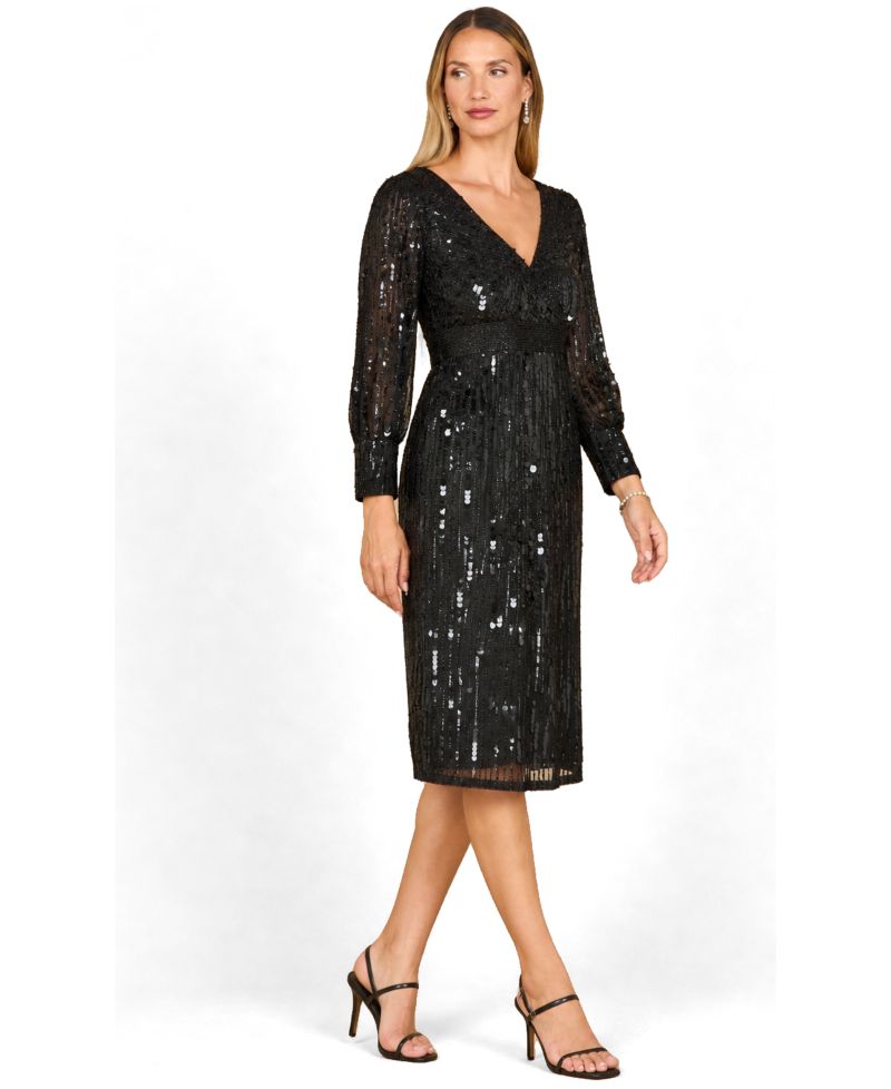 Women's Beaded A-line Midi Dress with Long Sleeves