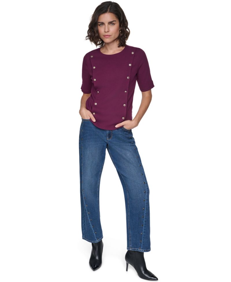 Petite Short-Sleeve Crewneck Ribbed-Knit Cotton-Blend Sweater