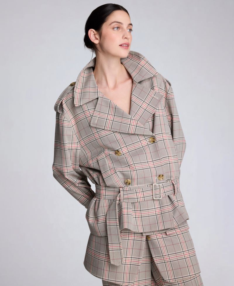 Women's Glen Plaid Button Front Drop Waist Belted Trench Jacket