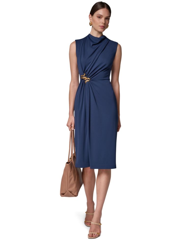 Women's Sleeveless Mock Neck Gathered Waist Midi Dress