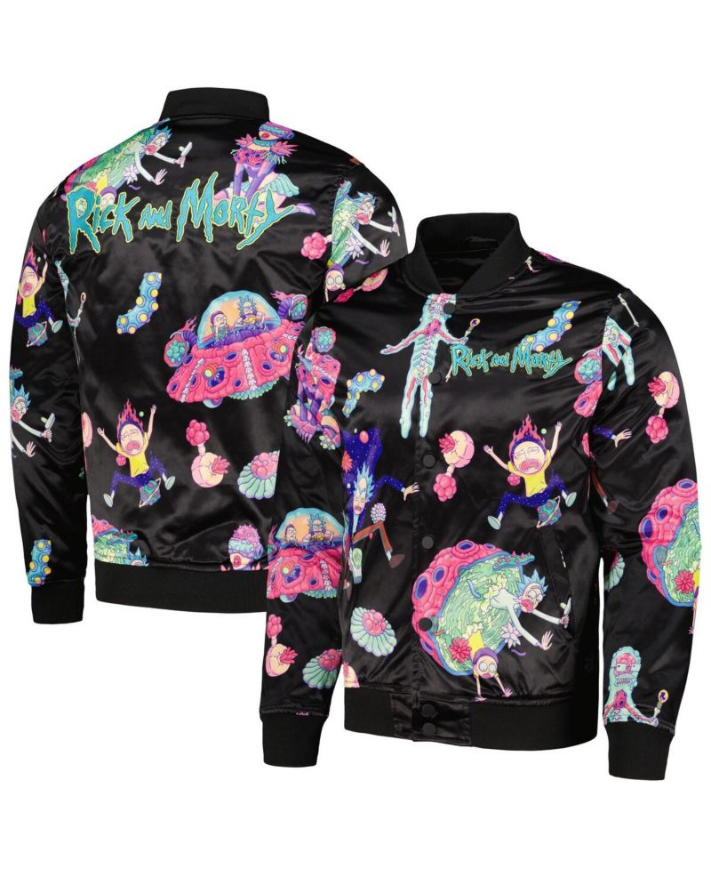 Men's Black Rick And Morty Graphic Satin Full-Snap Jacket
