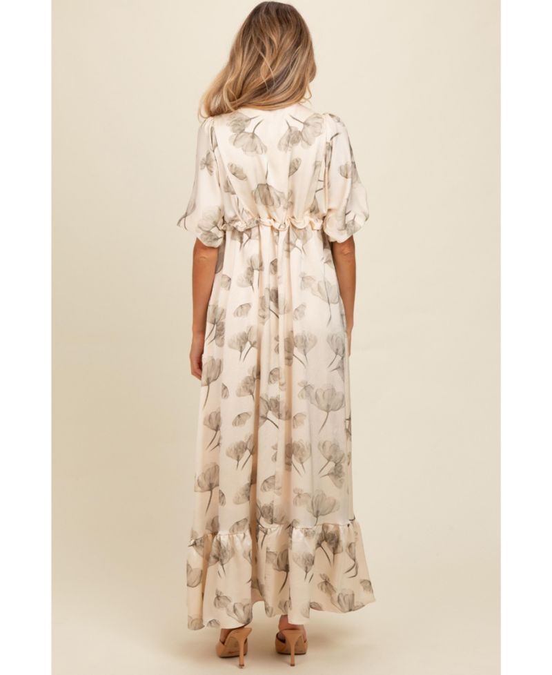 Women's Cream Floral Chiffon Ruffle Accent Maxi Dress