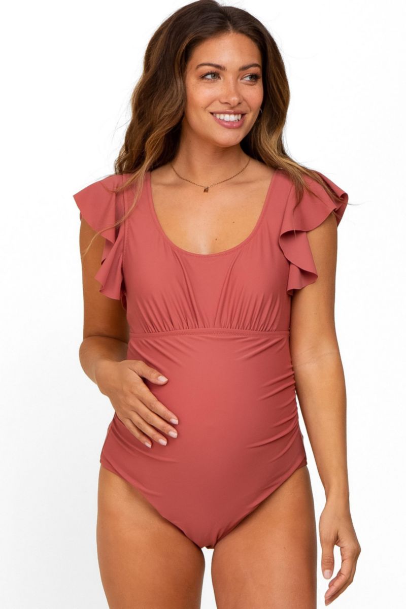 Women's Rust Ruffle Shoulder Pleated Side One Piece Swimsuit