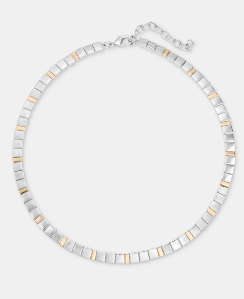 Two Tone Square Link Collar Necklace, 16" + 3" extender