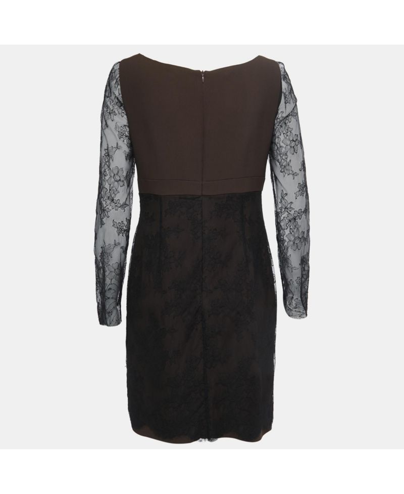 Women's Couture Black & Brown Crepe Mini Dress with Lace Bow Detail