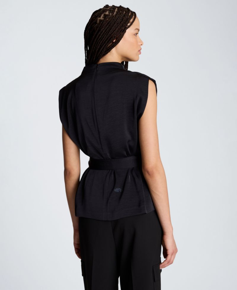 Women's Satin High Cowl Neck Tie Front Blouse with Chest Pockets