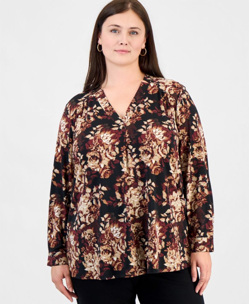 Plus Size Long Sleeve Floral Split Neck Blouse
