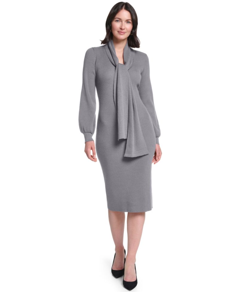 Women's Long-Sleeve Midi Attached Scarf Sweater Dress
