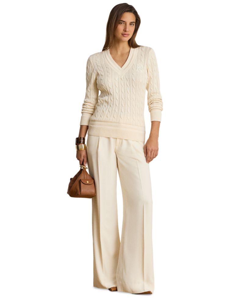 Petite Long-Sleeve V-Neck Cable Knit Sweater