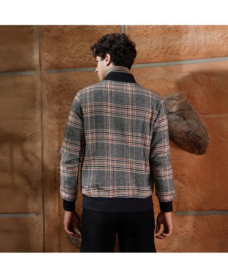 Men's Midnight Black & Chocolate Brown Tartan-Plaid Bomber Jacket