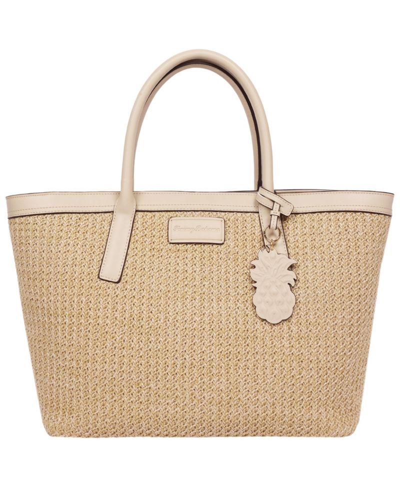 Raffia and PU Large Logo Tote - Woven Straw Beach Tote with Pineapple Charm