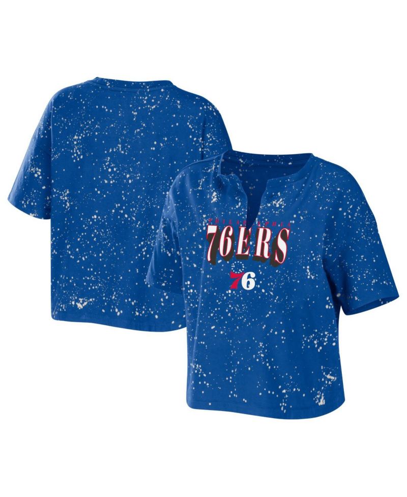 Women's Royal Philadelphia 76ers Bleach Splatter Notch Neck T-shirt