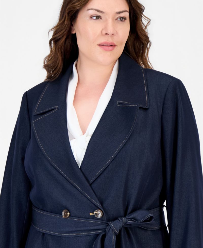 Plus Size Denim Double-Breasted Long Trench