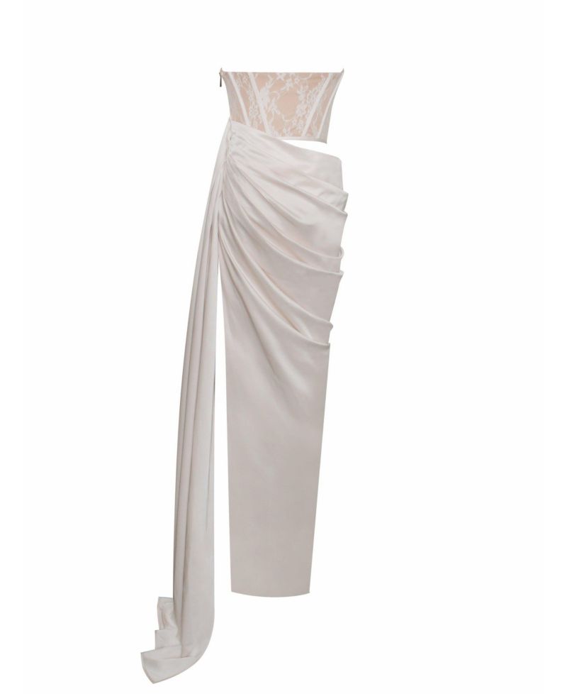 Women Callie Pearl White Lace Satin Corset High Slit Gown