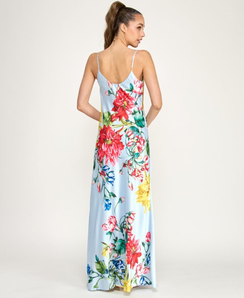 Juniors' Cowl Neck Printed Spaghetti Straps Satin Gown