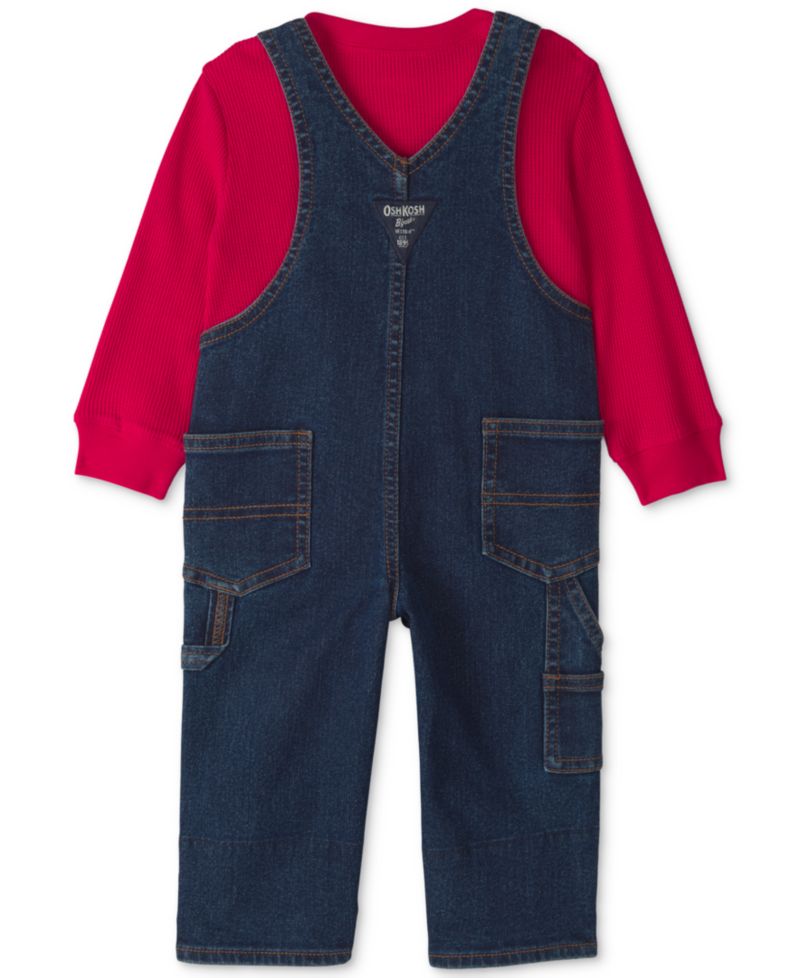 Baby Boys' Buffalo-Check Long-Sleeve Thermal Top and Denim Overalls Set